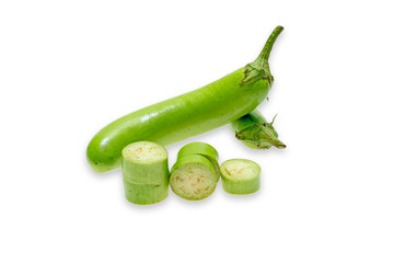 Fresh green long eggplant on white background.