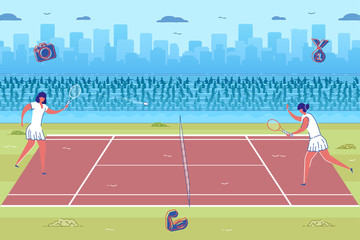 Tennis Championship. Cartoon Women in White Swortswear Play Tennis Game on Court Playground Outdoors Vector Illustration. Girl Player Serve Ball with Racket. Olympic Sport Competition