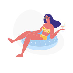 Summertime Leisure, Vacation. Young Happy Woman Relaxing on Resort, Floating at Inflatable Ring in Swimming Pool and Drinking Cocktail. Tropical Vacation Sparetime. Cartoon Flat Vector Illustration