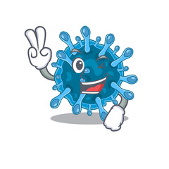 Cheerful microscopic corona virus mascot design with two fingers