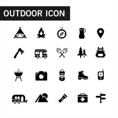 Icon collection of outdoor activities and adventures in the wild such as tent, compasses, mountain and other camping equipment. Suitable for campsites, camp fires and adventures. Filled outdoor icon