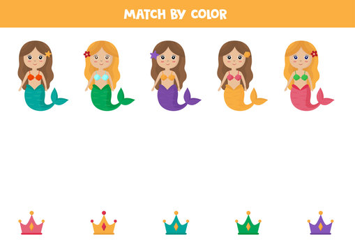 Color matching game for kids. Cute cartoon mermaid and crown.