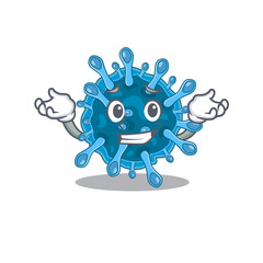 Happy face of microscopic corona virus mascot cartoon style