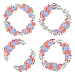 Watercolor colorful rose flower wreath set