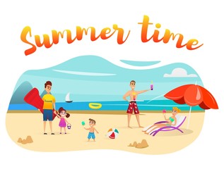 Summer Time Vector Illustration. Group of People Rest on Beach. Woman Lying on Deck Chair under Umbrella, Man Standing with Cocktail, Brother Holds his Sister Hand, Boy Eating Ice Cream.
