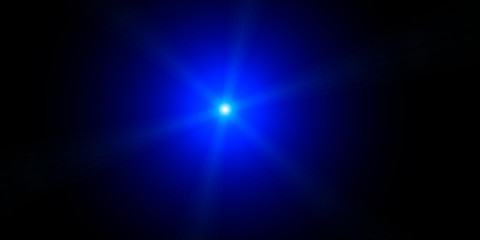Neon round shining object in the dark. Blue starlights