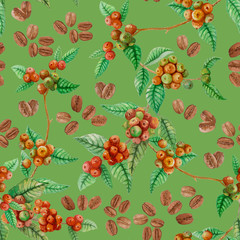 Seamless pattern of red coffee fruits branch, green leaf and brow coffee beans seed illustration, watercolor hand drawing on green background, element for fashion fabric textiles or wallpaper printing