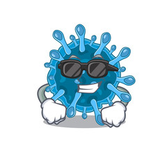 Super cool microscopic corona virus mascot character wearing black glasses