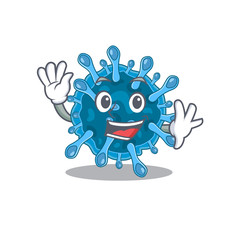 Smiley microscopic corona virus cartoon mascot design with waving hand