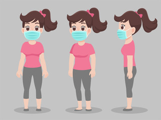 Set of cute Woman wearing protective Medical mask for prevent virus Wuhan Covid-19.Corona virus, people wearing a surgical mask. Health care concept. character pose front side turn around cartoon.