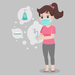 Woman wearing a surgical protective Medical mask for prevent virus Wuhan Covid-19.Corona virus, washing hand with soap, Liquid soap. Health care concept.