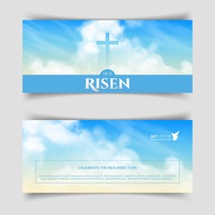 Christian religious design for Easter celebration. Narrow horizontal vector banners. Text: He is risen, shining Cross and heaven with white clouds.