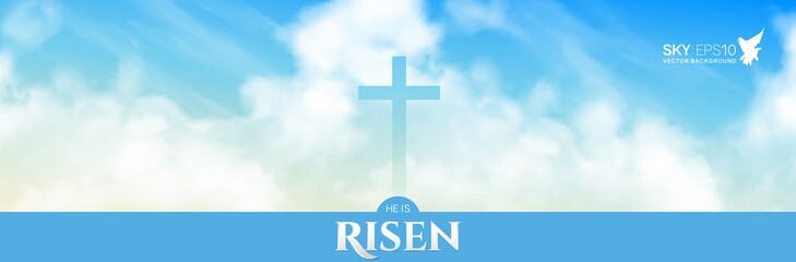 Christian religious design for Easter celebration. Narrow horizontal vector banner. Text: He is risen, shining Cross and heaven with white clouds.