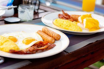 American breakfast with sunny side up eggs, bacon