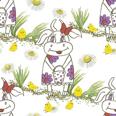 Background with cute hand drawn cartoon cow.