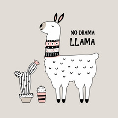 Cute cartoon llama with cactus.