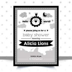 Baby shower invitation in the Scandinavian style. A lion.