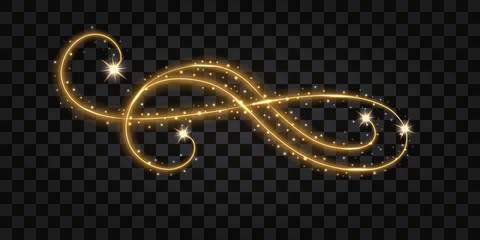 Gold glowing wave. Decorative flourish for your design. Light shine effect, golden swirl,  glittering sparkles snd stars. Vector illustration - obrazy, fototapety, plakaty
