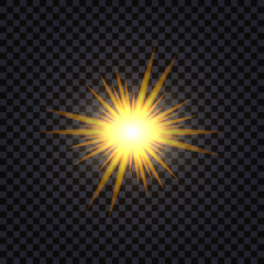 Golden glowing light flash effect. Sun shining flare with glittering sparkles and dust particles. Vector illustration