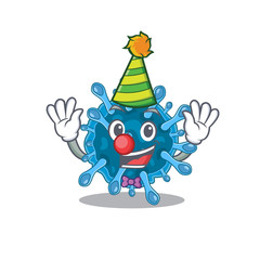 Cute and Funny Clown microscopic corona virus cartoon character mascot style