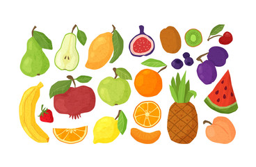 Textured fruit - apple, orange, pomegranates, pineapple, kiwi, watermelon, figs isolated design elements on white. Healthy diet organic food with hand made textures. Paper effected flat vector objects