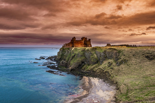 Tantallon Castle in East Lothian, Scotland is a semi-ruined cliff-top fortress dating to the mid-14th century and with historic connections to the Douglas Dynasty, Mary Queen of Scots.