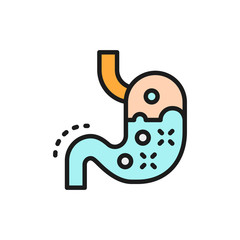 Stomach disease, heartburn, digestive problems flat color line icon.