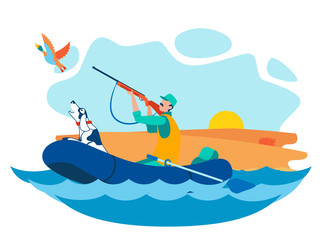 Hunter Shooting Water Bird Vector Illustration. Duck Hunting Season, Extreme Hobby. Man with Dog Sailing in Inflatable Boat in Ocean Flat Characters. Meadow and Bright Sun on Horizon