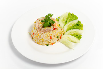 Thai food stir fried rice white dish isolated