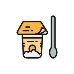 Foil lid package for yogurt, cottage cheese in jar with spoon flat color icon.