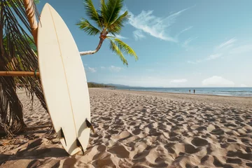 Foto auf Glas Surfbrett und Palme auf Strandhintergrund mit Leuten. Reiseabenteuer und Wassersport. entspannungs- und sommerferienkonzept. © jakkapan