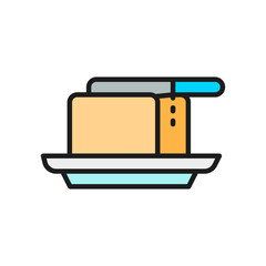 Butter in butterdish with knife flat color line icon.