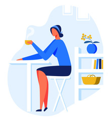 Young Woman Drinking hot Coffe or Tea holding Mug Cartoon Flat Vector Illustration. Cup with Hot Drink. Girl Sitting in Cafe or Restaurant Relaxing or Having Rest. Coffee Shop Interior.