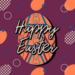 Happy Easter holiday banner with handwritten easter greetings and retro design easter eggs. Vector illustration.