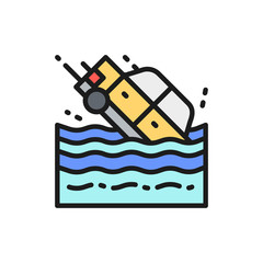 Car sinks in water flat color line icon.