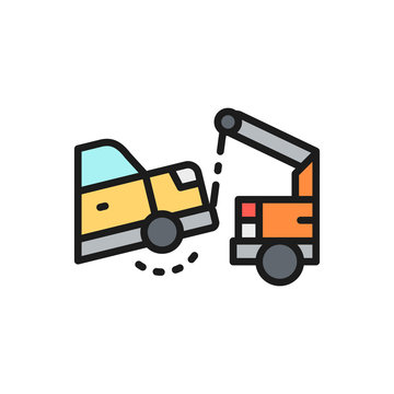 Evacuation car, tow truck flat color line icon.