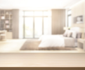 Fototapeta na wymiar Table Top And Blur Background In Bedroom