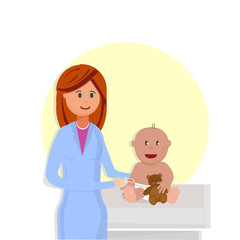 Doctor Pediatrician Doing Injection to Baby Boy Flat Cartoon Vector Illustration. Woman and Child Holding Teddy Bear. Happy Smiling Kid with Toy. Consultation at Clinic, Treatment.