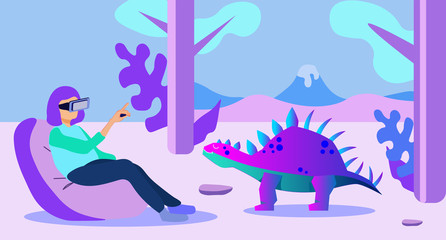 Cartoon Woman Character Wearing VR Glasses in Mesozoic Jungle Sit in Soft Chair and Have Excited Adventure. Augmented Virtual Reality with Dinosaurs Stegosaurus. Vector Flat Illustration