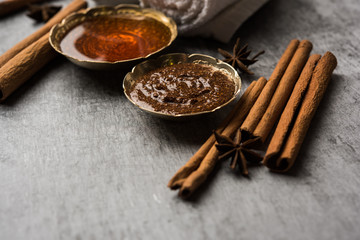 Cinnamon Honey Ayurvedic Face mask made using daalacheenee or Dalchini powder mixed with Shahad, selective focus