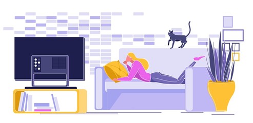 Woman Lying on Sofa with Cat and Watching Television in Living Room Flat Cartoon Vector Illustration. Female Character Having Rest at Home. Cozy Evening, Girl Watching Films with Pet.