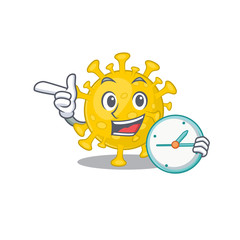 Cheerful corona virus diagnosis cartoon character style with clock