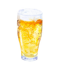 A glass of cold fresh beer with a thick foam. Watercolor illustration isolated on white background
