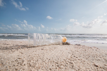 Litter plastic bottles on the beach.