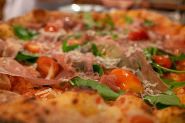 Close up parma ham pizza.