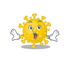 A cartoon character of corona virus diagnosis making a surprised gesture