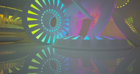Fototapeta premium Abstract architectural background, white interior with discs. Colored neon gradient lighting. 3D illustration and rendering.