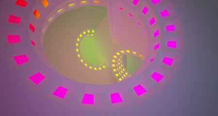 Abstract architectural background, white interior with discs. Colored neon gradient lighting. 3D illustration and rendering.