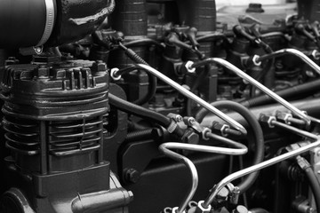Modern diesel engine. Black and white image.