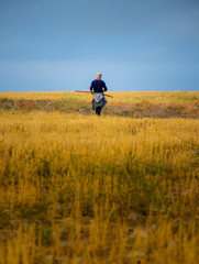 Naklejka na ściany i meble moody portrait of a solo traveller walking through colorful and endless fields alone by himself and enjoying the beautiful nature and silence and peace of it.
